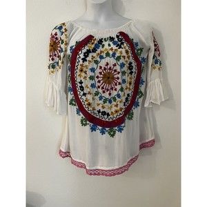 Angel Heart Boutique Blouse Womens NWT L White Boho Embroidered Floral Tunic